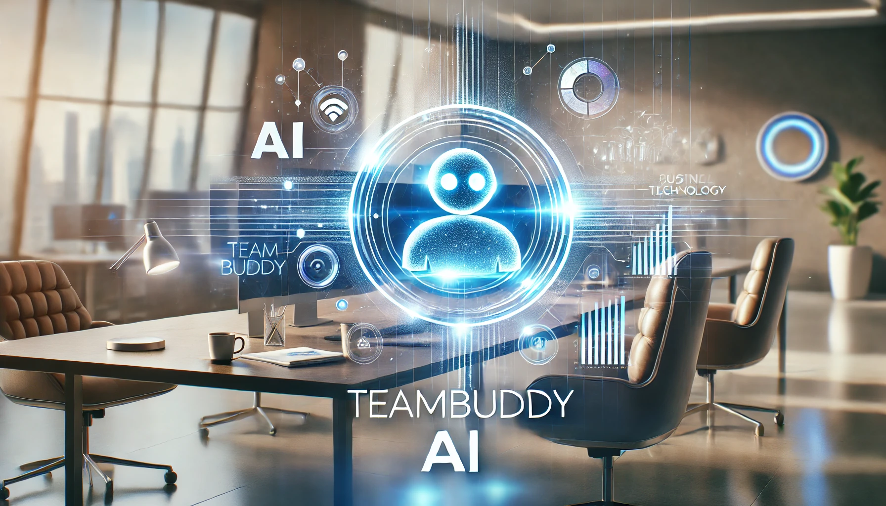 Futuristic workspace with holographic AI visuals and glowing charts representing TeamBuddy AI's business automation solutions.