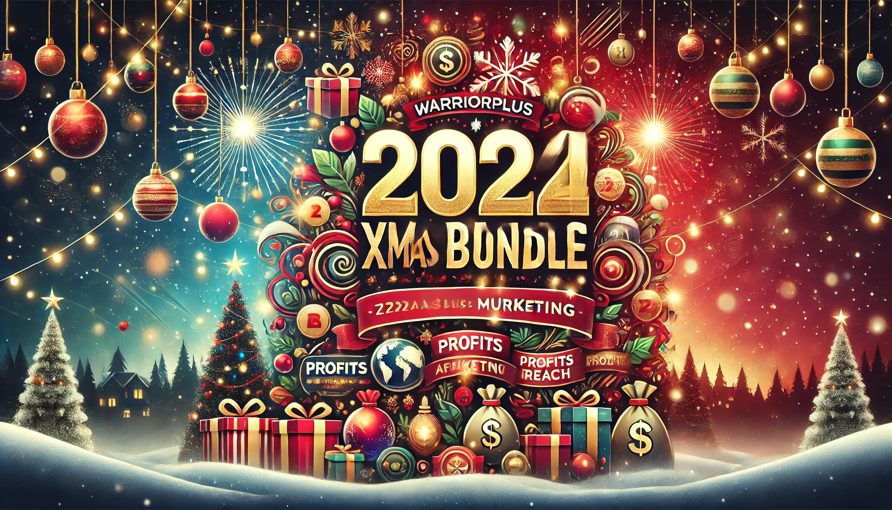 Festive promotional banner for the 2024 XMAS BUNDLE, featuring Christmas motifs like snowflakes, ornaments, and twinkling lights, with bold gold foil typography on a snowy landscape backdrop.